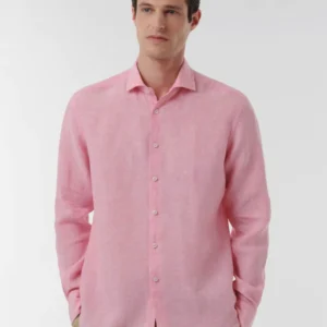 Camicia Collo italiano aperto Tinta Unita Lino Rosa scuro