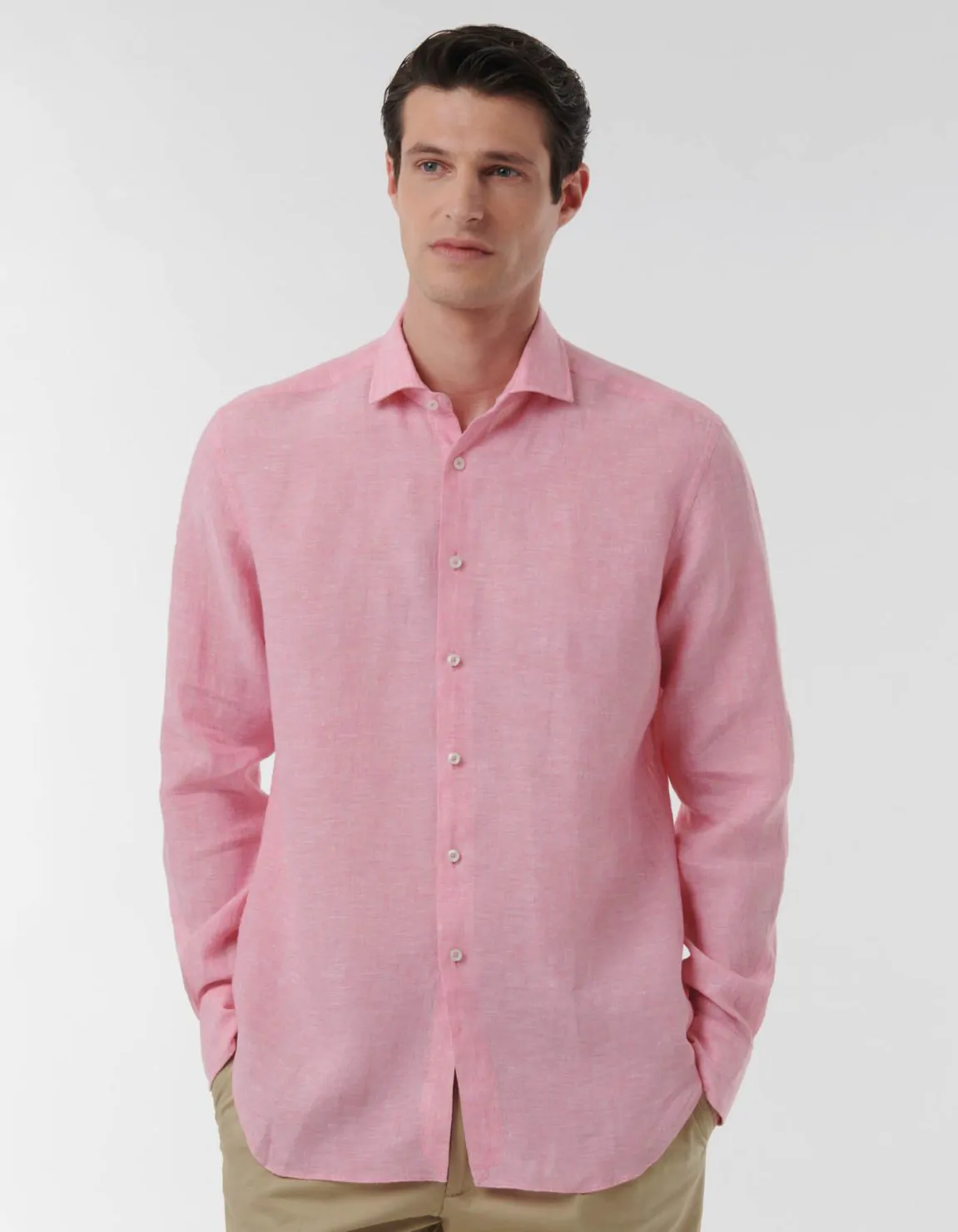 Camicia Collo italiano aperto Tinta Unita Lino Rosa scuro